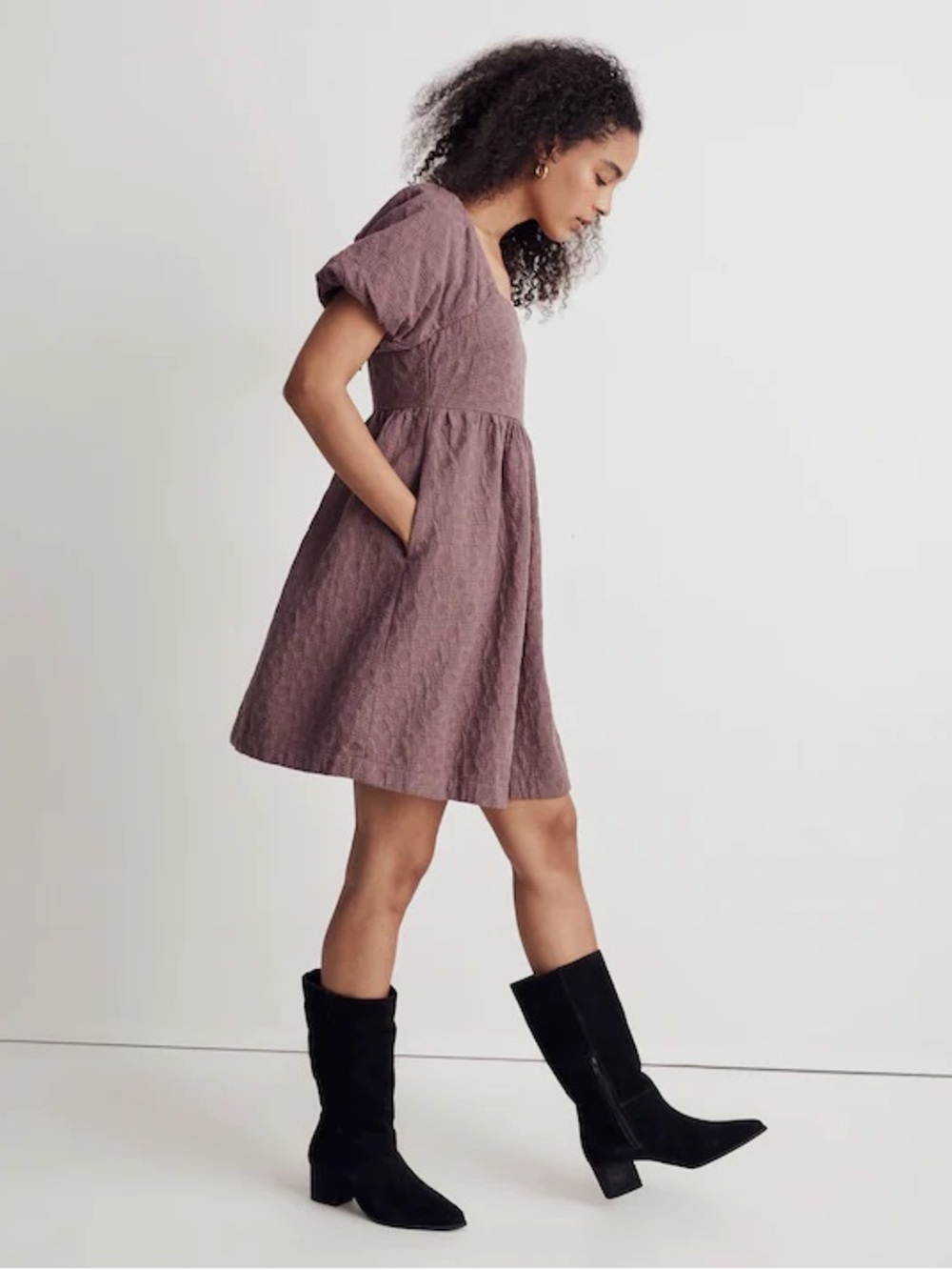 Madewell Floral Quilted Cotton Puff-Sleeve Mini Dress in Fig Multi Jacquard XS